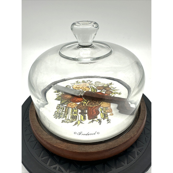 Vtg. Goodwood Teak Wood Cheese Board Tray Glass Dome Cloche Lid - Picture 1 of 5